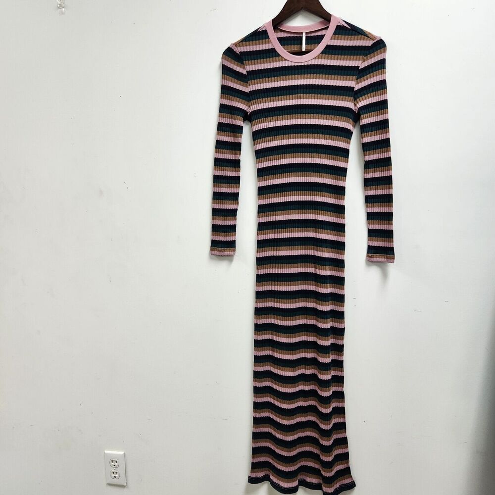 Free People Ribbed Maxi Dress Size S Stripes Long Sleeve Bodycon Stretch